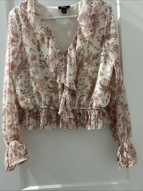 Ruffle-Front Floral Blouse in Cream and Rust